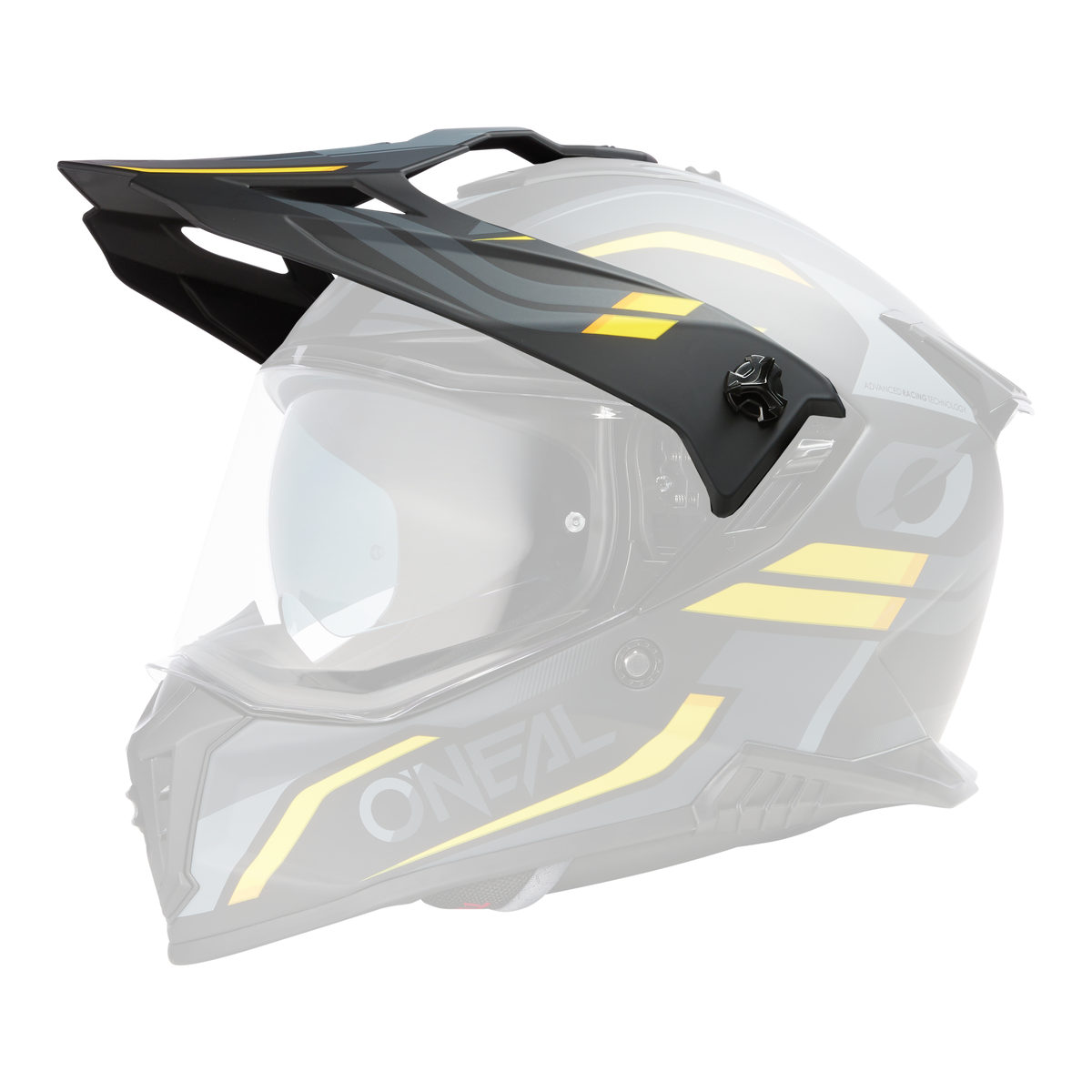El Casco O'NEAL Visor A-SRS SPIKE es un casco de moto negro mate y gris con detalles amarillos, visera transparente, diseño aerodinámico, visor solar y el logotipo O'NEAL en el lateral.
