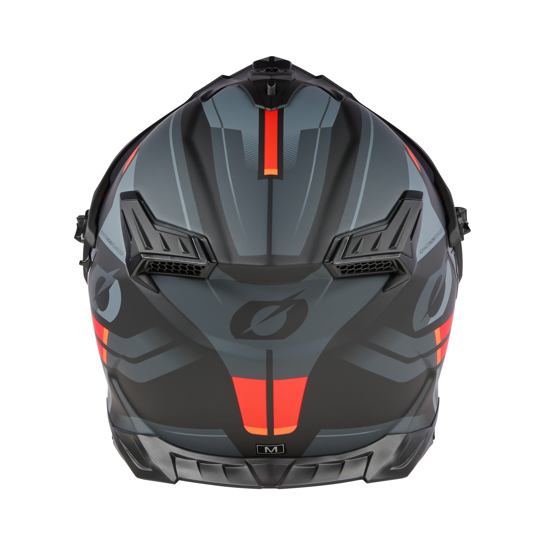 Die Frontansicht des mattschwarzen und grauen O'NEAL A-SRS Helmet SPIKE zeigt kantige Lüftungsschlitze, rote Akzente und ein kühnes, futuristisches Design - kompatibel mit Motorradhelm Bluetooth-Geräten.