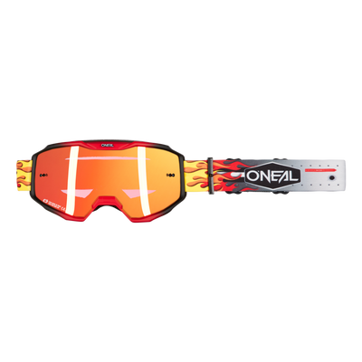 Les lunettes de motocross O'NEAL B-10 HR ont une monture noire, des verres réfléchissants rouges et oranges et une bande avec un motif de flammes et le logo O'NEAL blanc sur fond noir.
