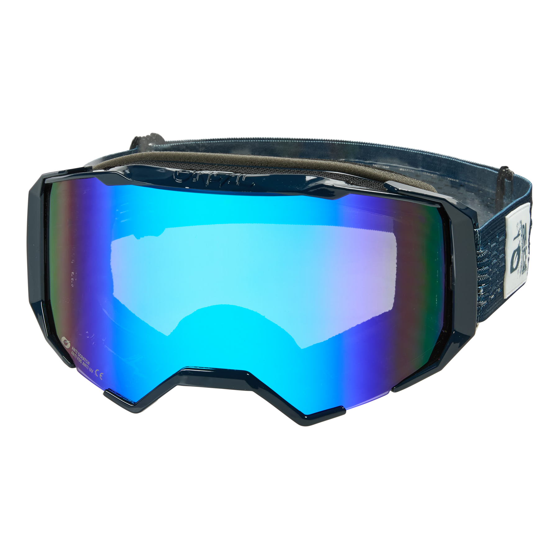 Die O'NEAL B-22 Goggle STATIC verfügt über eine breite, verspiegelte, blau getönte Scheibe und ein schwarzes, verstellbares Band mit weißem Logo - perfekt für MX- oder MTB-Fahrten mit vielseitiger All-Terrain-Performance.