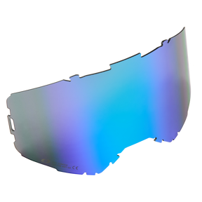 Die O'NEAL B-22 & B-33 Goggle-Ersatzlinse mit Tear Off Pins ist eine blau-violett irisierende Visierlinse mit gekerbten Kanten und einer glatten, reflektierenden Oberfläche, die für Schutzbrillen oder Helme entwickelt wurde. Marke: O'NEAL.