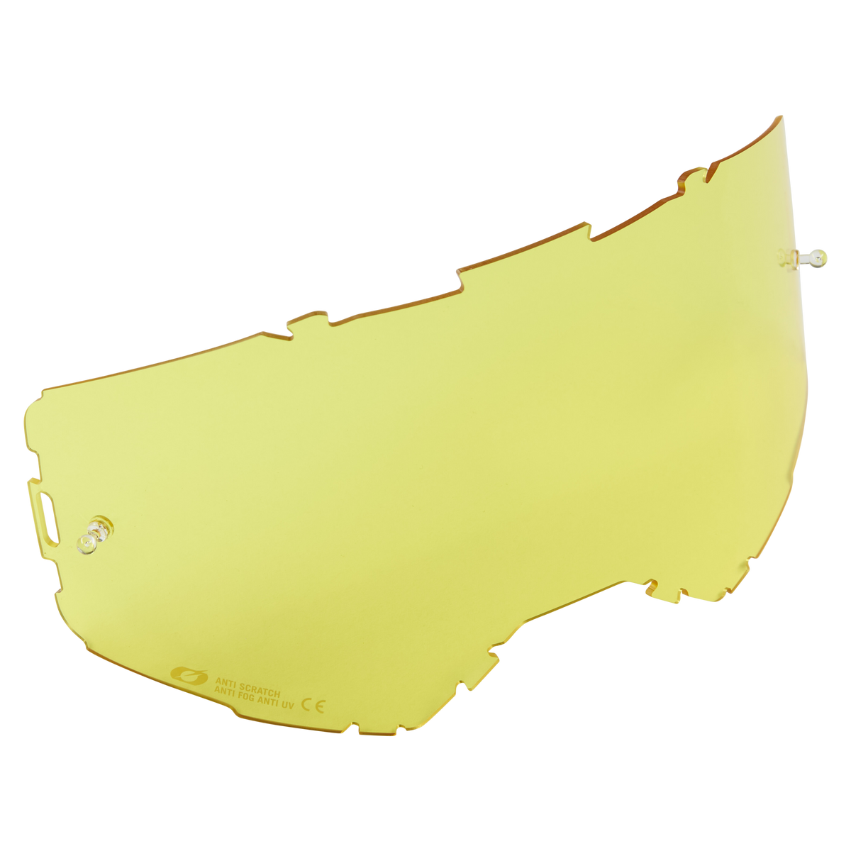 Die O'NEAL B-22 & B-33 Goggle Ersatzscheibe mit Tear Off Pins ist eine gebogene, gelb getönte Ersatzscheibe mit ausgeschnittenen Kanten und zwei seitlichen Befestigungspunkten.