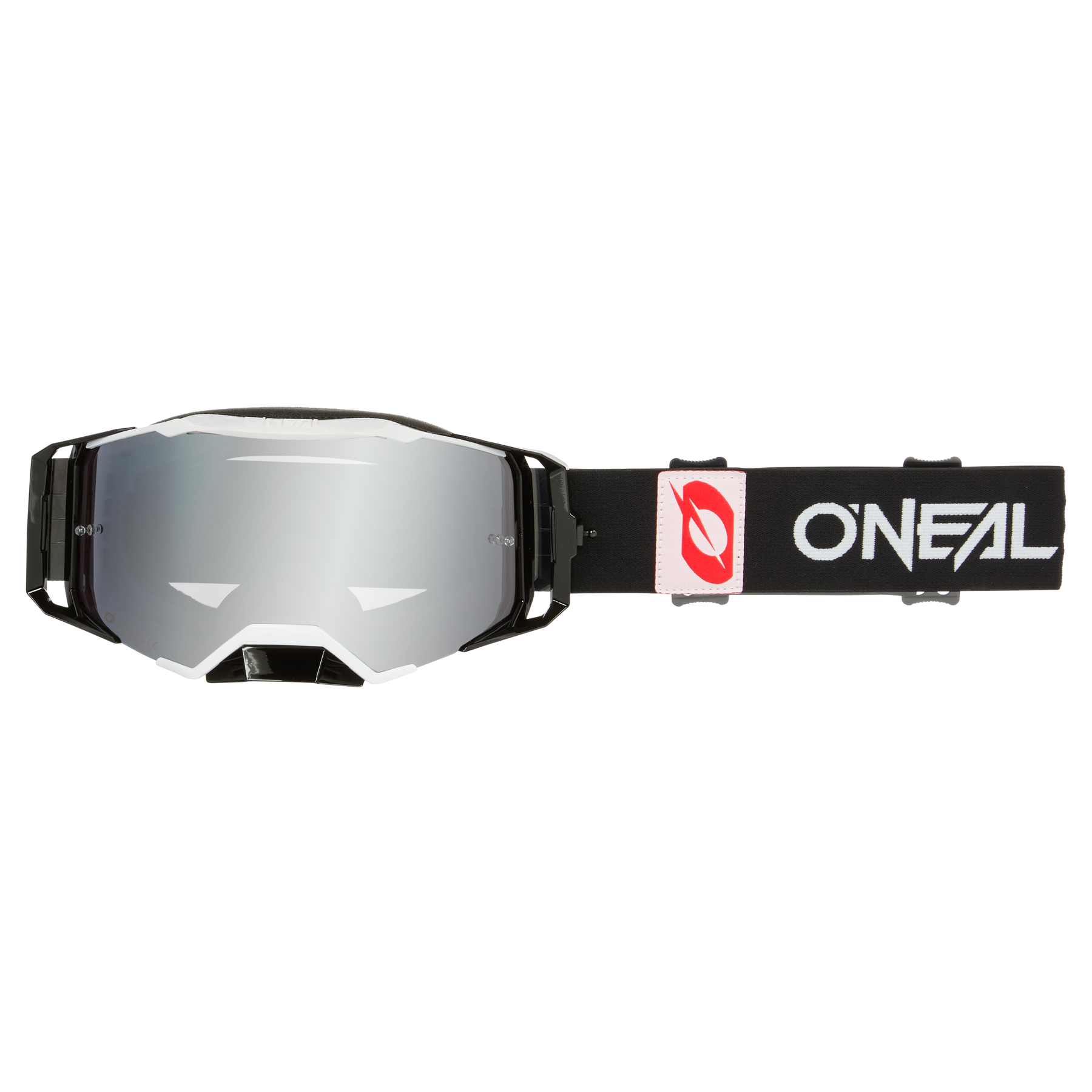 The O'NEAL B-33 Goggles BOLD feature a reflective lens and a black, adjustable strap with a white O'NEAL logo and red symbol - robust, impact-resistant motocross goggles for the race track.
