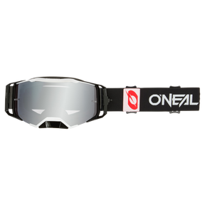 The O'NEAL B-33 Goggles BOLD feature a reflective lens and a black, adjustable strap with a white O'NEAL logo and red symbol - robust, impact-resistant motocross goggles for the race track.
