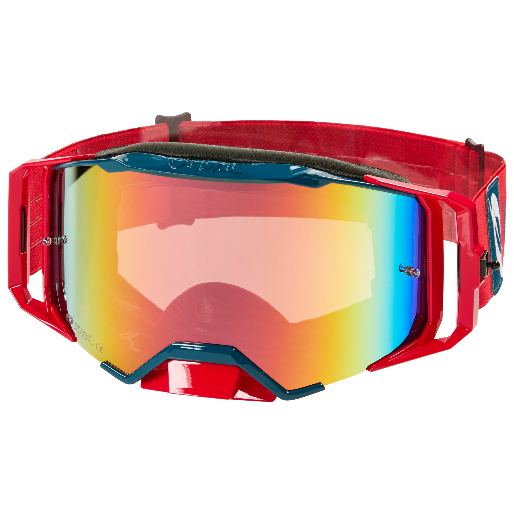 The O'NEAL B-33 Goggles BOLD by O'NEAL are red, impact-resistant motocross goggles with a wide, reflective rainbow lens, black rim and adjustable red strap - ideal for use in races and on the track.