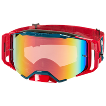 The O'NEAL B-33 Goggles BOLD by O'NEAL are red, impact-resistant motocross goggles with a wide, reflective rainbow lens, black rim and adjustable red strap - ideal for use in races and on the track.