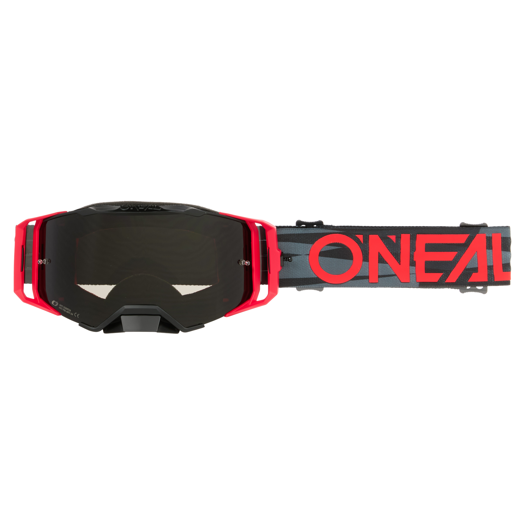 Le masque O'NEAL B-33 ICTUS se caractérise par un design noir et rouge, des verres teintés foncés et une bande grise avec une inscription "O'NEAL" rouge très voyante - des lunettes de motocross ou de VTT idéales pour tous les pilotes.