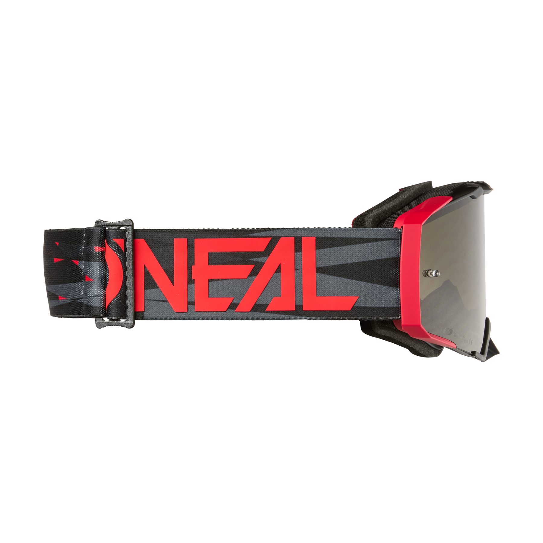 Le masque O'NEAL B-33 ICTUS a un cadre noir et rouge avec des verres teintés et l'inscription "O'NEAL" en rouge vif sur la sangle ajustable O'NEAL. Elle offre un style motocross accrocheur avec des accents rouges et noirs assortis.