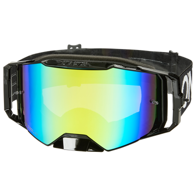 A pair of O'NEAL B-55 Goggles CRAM with a black frame, a wide reflective lens in yellow, blue and green tones, UV protection and an adjustable black elastic strap.