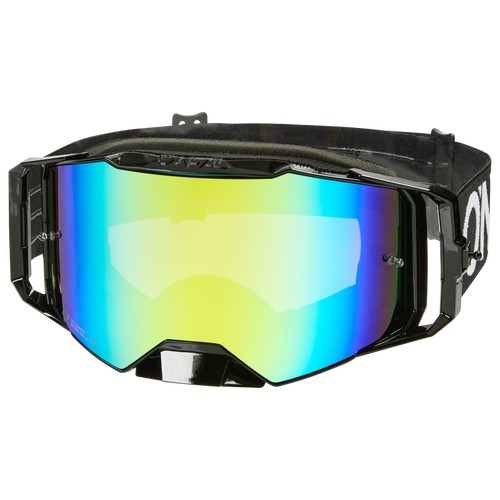 Un par de Gafas O'NEAL B-55 CRAM con montura negra, lente ancha reflectante en tonos amarillo, azul y verde, protección UV y correa elástica negra ajustable.