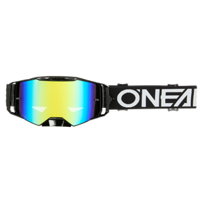 Eine schwarze O'NEAL B-55 Goggle CRAM Motocross-Brille mit reflektierenden, regenbogengetönten UV-Schutzgläsern und einem schwarzen Band mit dem auffälligen weißen "ONEAL"-Logo.
