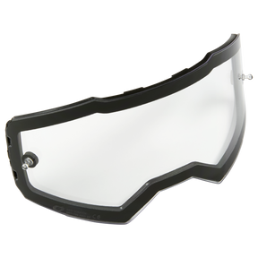 La lente de repuesto para gafas O'NEAL B-55 con patillas arrancables es una lente de repuesto transparente, ligeramente curvada, con montura negra, diseñada para cascos deportivos o de moto O'NEAL.