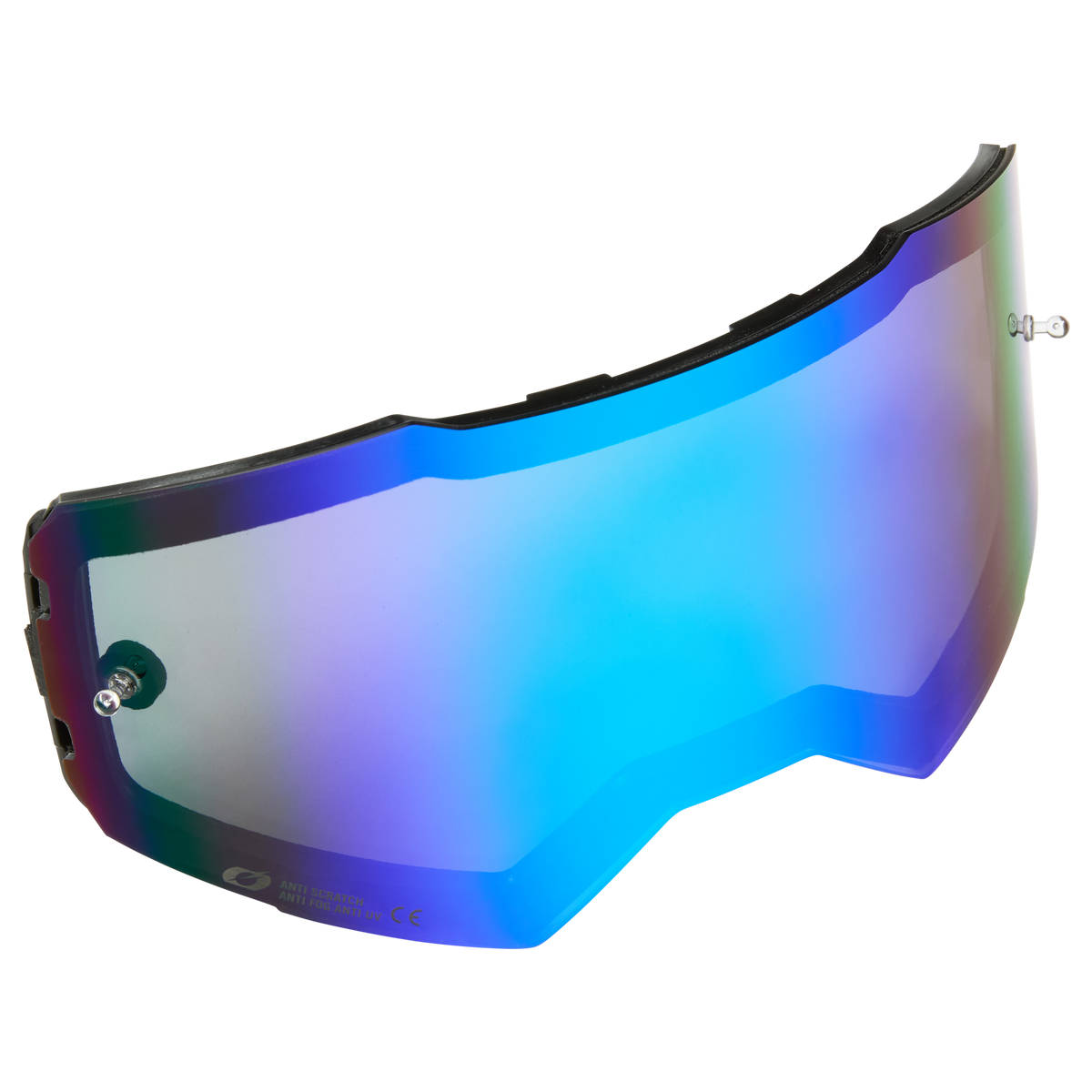 Die O'NEAL B-55 Goggle-Ersatzscheibe mit Tear Off Pins verfügt über ein gebogenes, blau getöntes, reflektierendes Design mit schwarzer Zierleiste und seitlichen Befestigungsclips, die mit Sport- oder Motorradhelmen kompatibel sind.