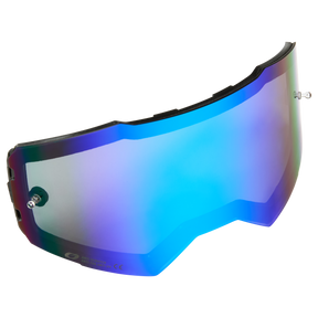 La lente de repuesto para gafas O'NEAL B-55 con patillas desgarrables tiene un diseño curvado, reflectante y tintado en azul, con ribetes negros y clips de montaje laterales compatibles con cascos deportivos o de moto.