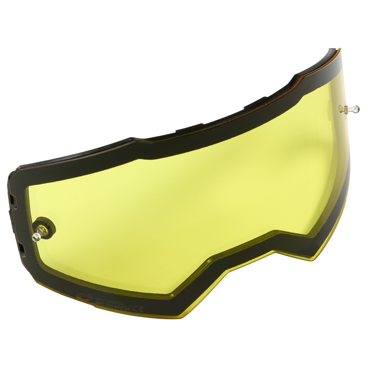 Die O'NEAL B-55 Goggle Ersatzscheibe mit Tear Off Pins ist eine gelb getönte, gebogene Scheibe mit schwarzem Rand und zwei Metallbefestigungspunkten, die für O'NEAL Sportbrillen entwickelt wurde.