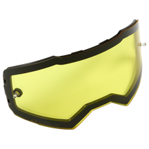 La lente de repuesto para gafas O'NEAL B-55 con patillas arrancables es una lente curva tintada de amarillo con un borde negro y dos puntos de sujeción metálicos, diseñada para las gafas deportivas O'NEAL.
