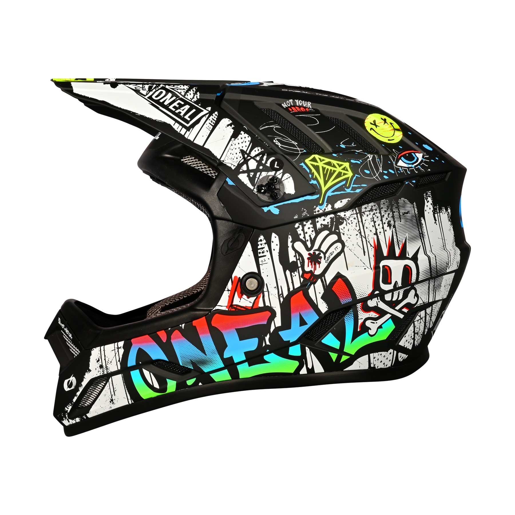 Der O'NEAL BACKFLIP Helm RANCID ist ein schwarzer Motocross-Helm mit farbenfrohen Graffiti-Grafiken, fetten Texten, Cartoon-Figuren und abstrakten Designs. Das Visier und die Seite zeigen die Marke "O'NEAL" - ideal für Mountainbike-Fans.