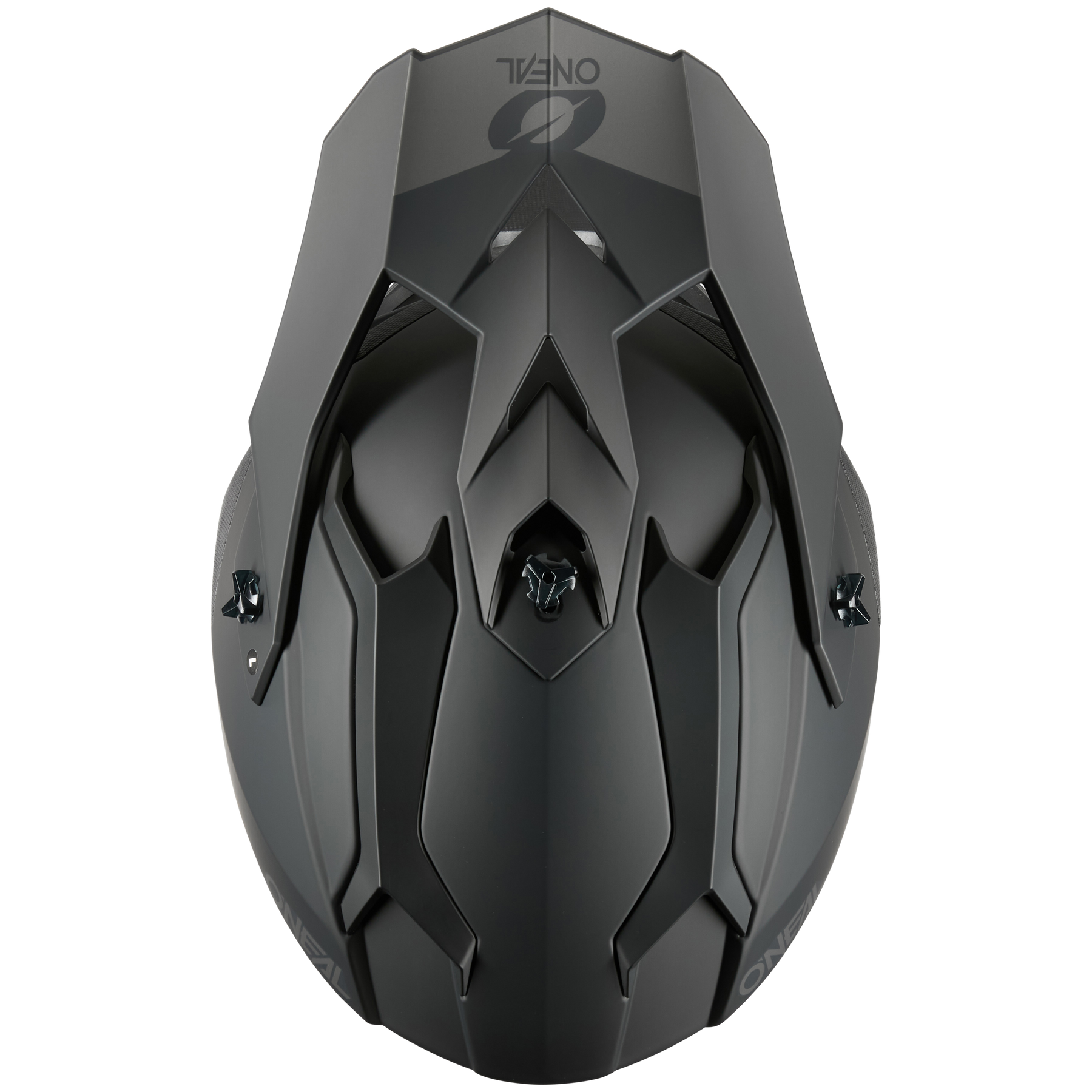 Draufsicht auf den mattschwarzen O'NEAL C-SRS Helm SOLID, der mit seinem futuristischen, kantigen Design, den markanten Belüftungsöffnungen und dem O'NEAL-Logo im oberen Bereich für maximale Sicherheit und ein elegantes Aussehen sorgt.