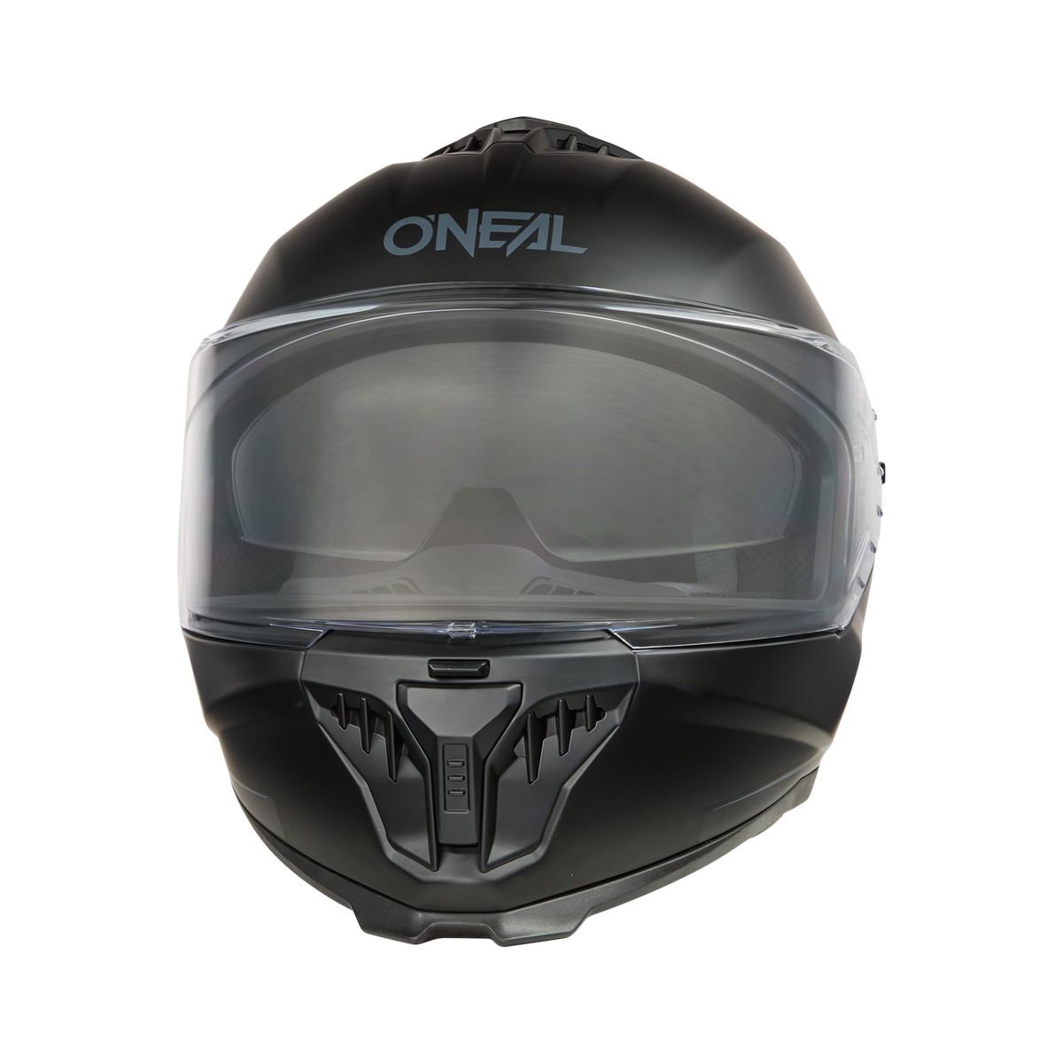 Der O'NEAL CHALLENGER Helm SOLID ist ein schwarzer Vollvisier-Motorradhelm mit klarem Visier und dem "O'NEAL"-Logo auf der Oberseite. Er ist aus strapazierfähigem ABS-Material gefertigt und wird von vorne auf einem schwarzen Hintergrund gezeigt.