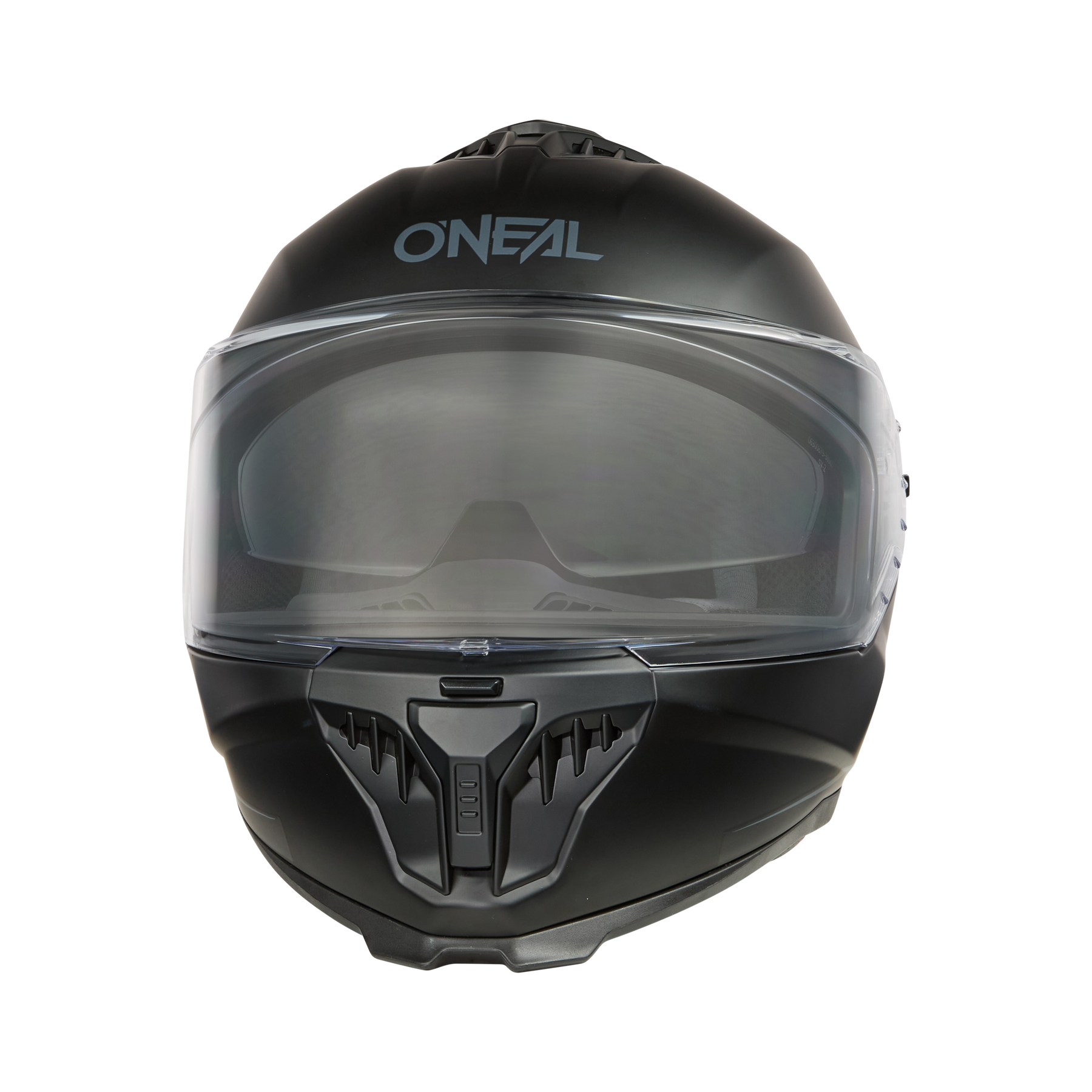 Der O'NEAL CHALLENGER Helm SOLID ist ein schwarzer Vollvisier-Motorradhelm mit klarem Visier und dem "O'NEAL"-Logo auf der Oberseite. Er ist aus strapazierfähigem ABS-Material gefertigt und wird von vorne auf einem schwarzen Hintergrund gezeigt.