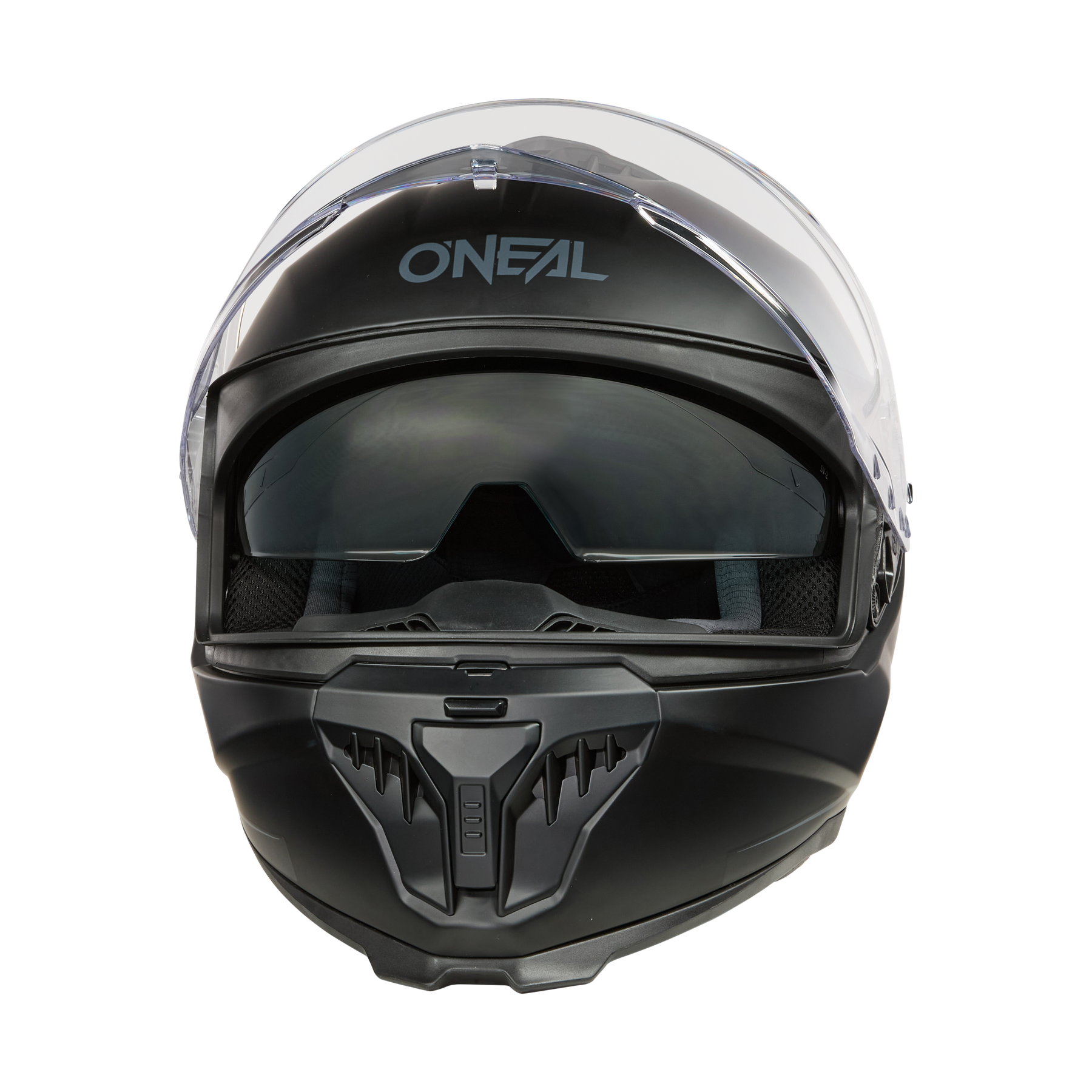 Ein schwarzer O'NEAL CHALLENGER Helm SOLID Motorradhelm mit klarem Visier und eingebauter Sonnenblende, dargestellt in der Vorderansicht auf einem transparenten Hintergrund. Mit langlebiger ABS-Konstruktion.