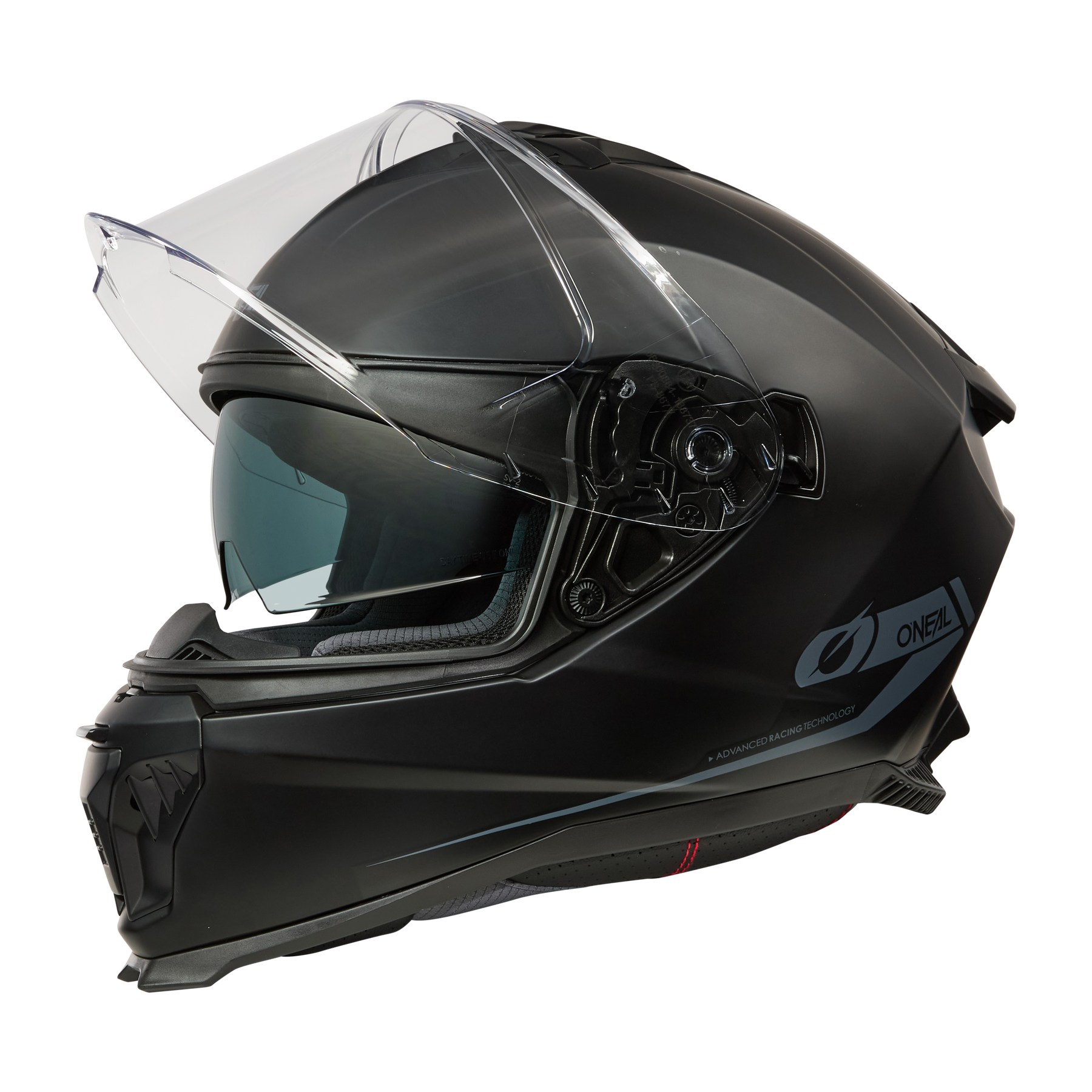 Der O'NEAL CHALLENGER Helm SOLID ist ein mattschwarzer Integralhelm mit klarem Visier, dunkel getöntem Innenschild, Belüftungsöffnungen und dem O'NEAL-Logo an der Seite. Er ist aus strapazierfähigem ABS-Material gefertigt.