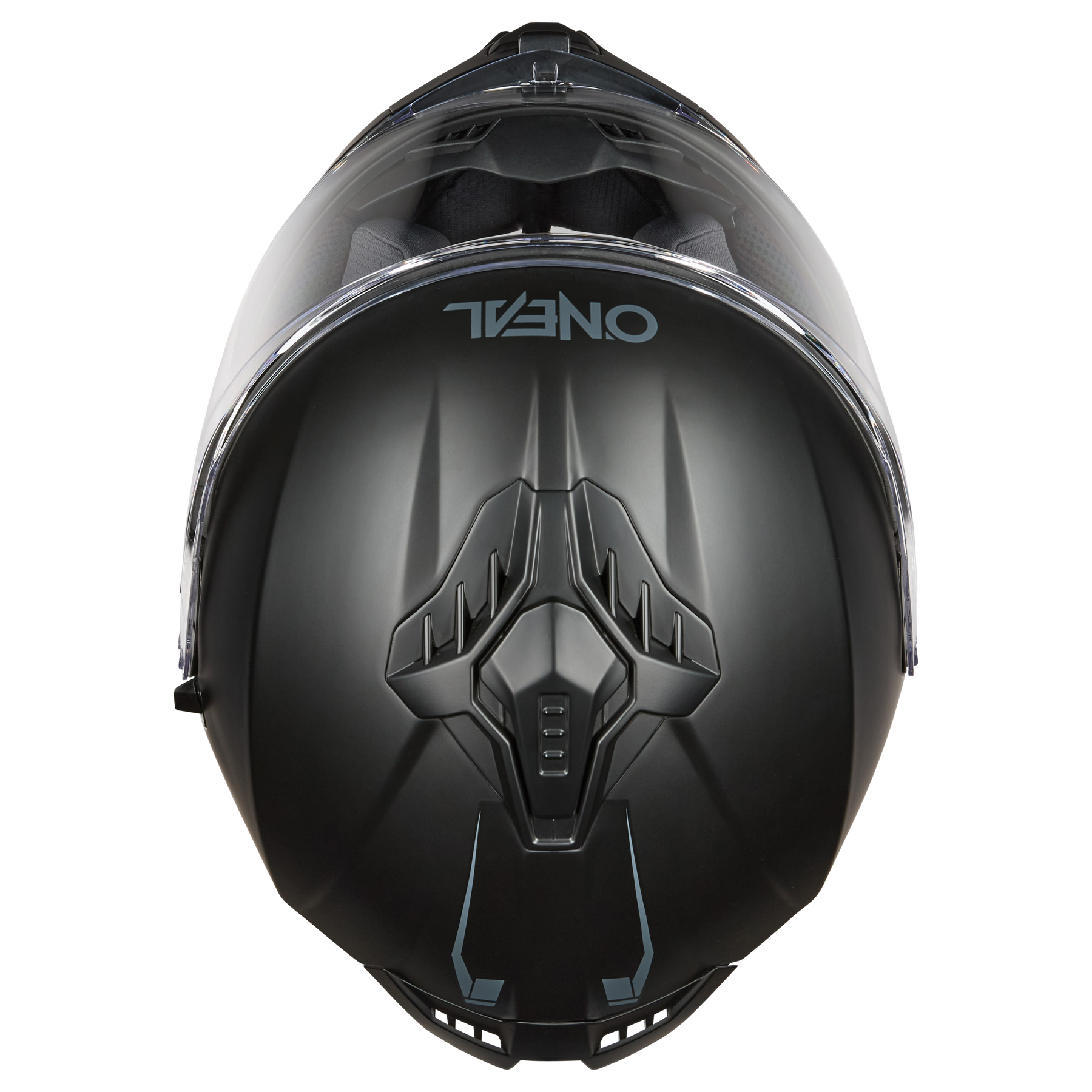 Draufsicht auf den O'NEAL CHALLENGER Helm SOLID von O'NEAL in Mattschwarz mit klarem Visier, kantigem Belüftungsdesign und einem umgedrehten O'NEAL-Logo auf der Oberseite.