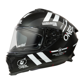 El casco O'NEAL Challenger WARHAWK es un casco integral negro para moto con franjas y gráficos blancos, visera transparente, orificios de ventilación aerodinámicos y un diseño detallado.