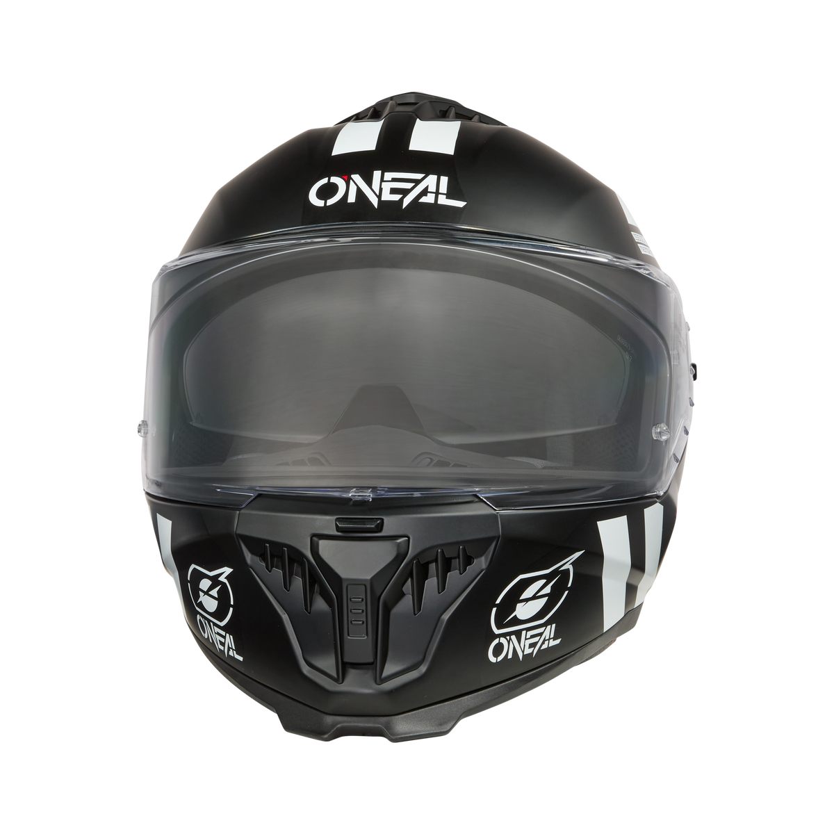 Frontansicht des O'NEAL CHALLENGER Helm WARHAWK in Schwarz mit klarem Visier, mit weißen Streifen und O'NEAL-Logos auf der Oberseite und an den Seiten, ideal für den Radsport, dargestellt vor einem schlichten schwarzen Hintergrund.