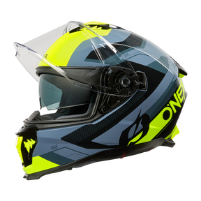 L'O'NEAL Challenger Helmet EXO è un elegante casco da moto integrale in nero, grigio e giallo neon con visiera trasparente e l'accattivante logo "ONE" sul lato.