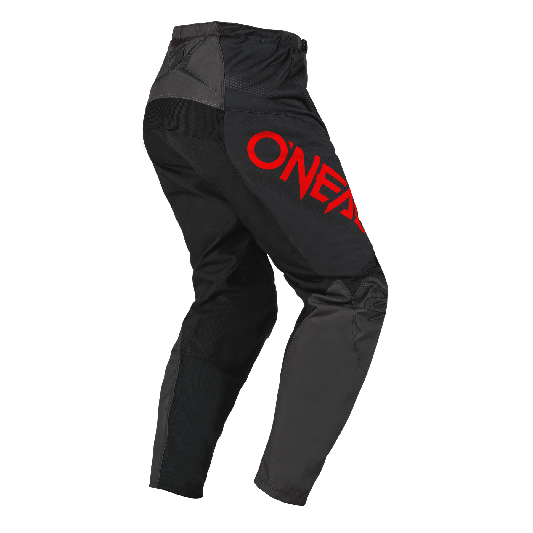 Schwarze und dunkelgraue O'NEAL ELEMENT Hose RACEWEAR von O'NEAL, mit einem auffälligen roten "ONEAL"-Logo auf dem linken Oberschenkel, von hinten gesehen auf weißem Hintergrund - ideal für Motorsportfans, die Komfort und Schutz suchen.