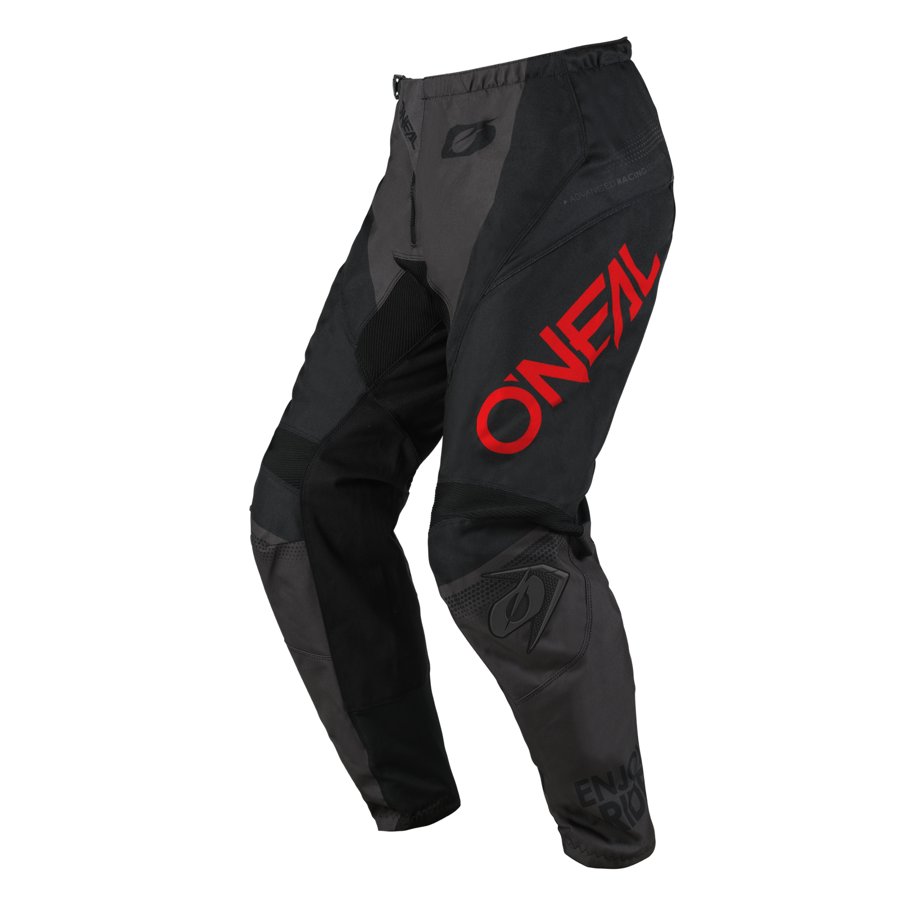 Die O'NEAL ELEMENT Hose RACEWEAR in Schwarz und Dunkelgrau hat ein rotes "O'NEAL"-Logo auf dem rechten Oberschenkel sowie kleinere Logos auf dem linken Knie und der Hüfte. Entworfen für Komfort und Schutz, abgebildet auf einem einfarbigen Hintergrund.