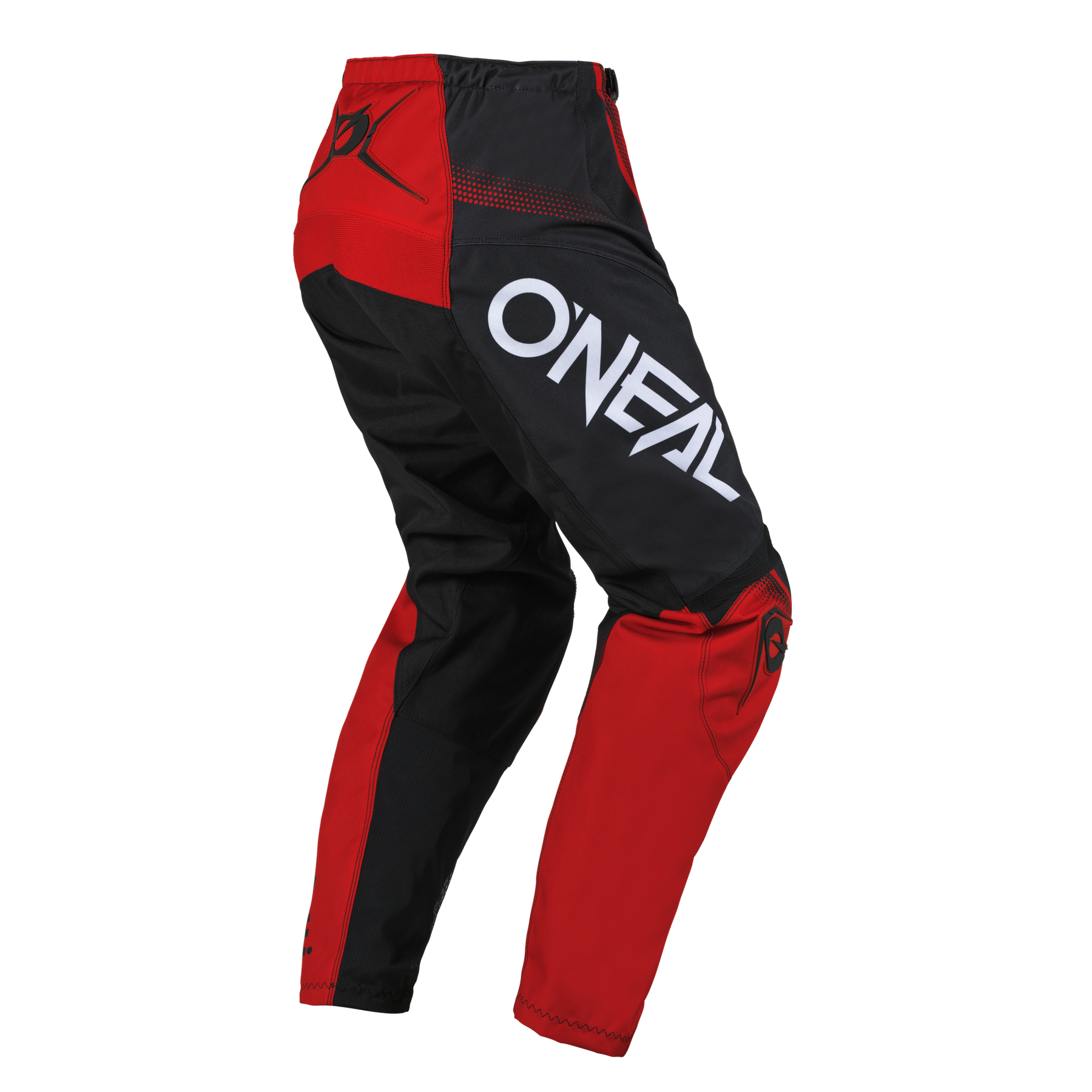 Die O'NEAL ELEMENT Hose RACEWEAR besticht durch ihr rot-schwarzes Design mit dem auffälligen weißen "ONEAL"-Schriftzug auf dem linken Oberschenkel - perfekt für Motorsportfans, die Komfort und Schutz suchen. Auf weißem Hintergrund dargestellt.