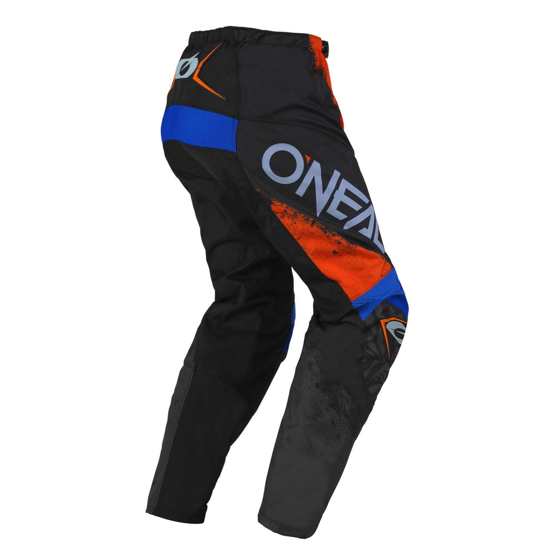 Die O'NEAL ELEMENT Hose SHOCKER in den Farben Schwarz, Orange und Blau zeichnet sich durch auffällige Grafiken, den seitlichen Aufdruck "O'NEAL" in Weiß und eine sportliche Passform aus - ideal für Motorsportfans, die Komfort und Schutz suchen.