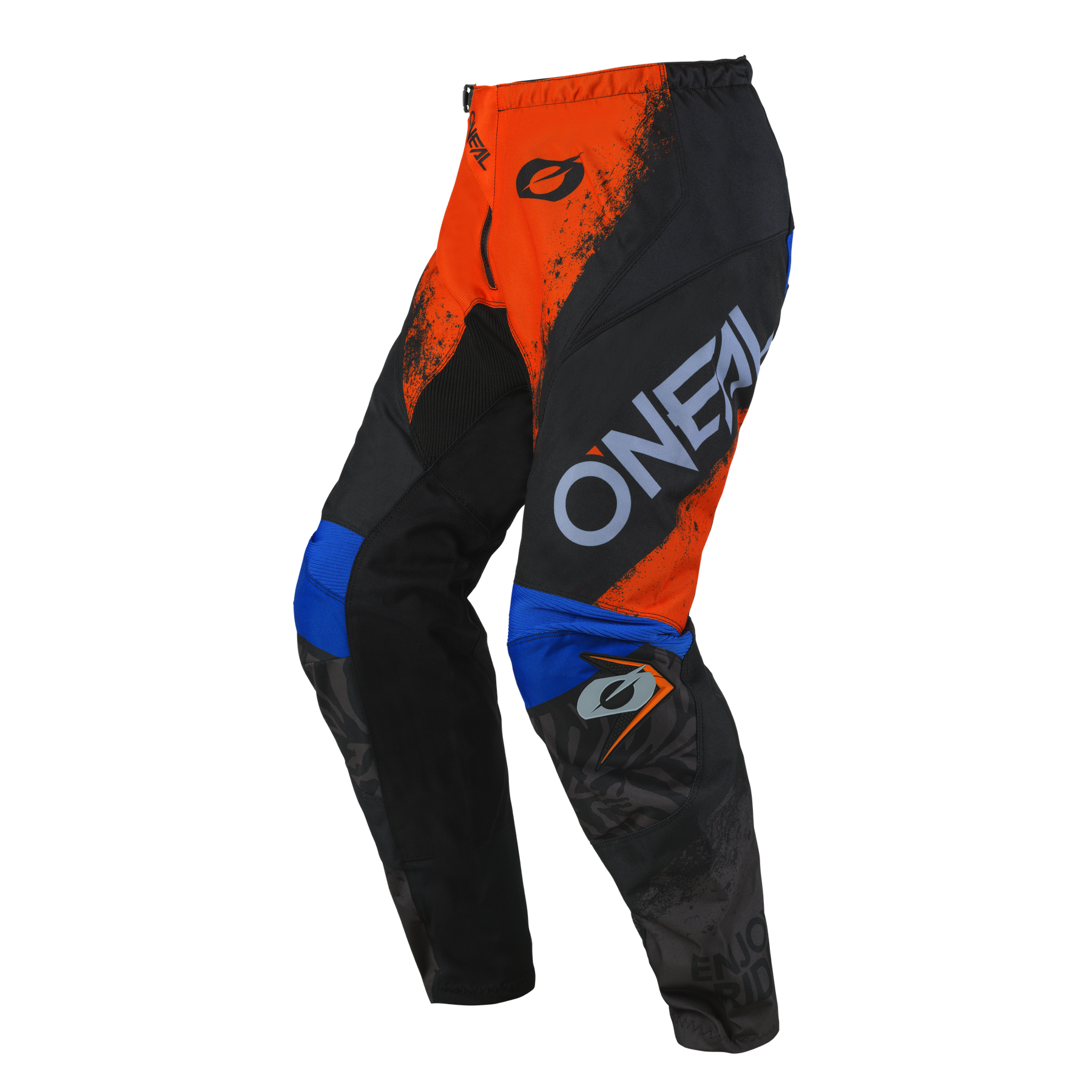 Die O'NEAL ELEMENT Hose SHOCKER ist mit schwarzen, orangefarbenen und blauen Einsätzen und dem markanten "O'NEAL"-Logo auf dem rechten Bein ausgestattet - perfekt für Motorsportfans, die Komfort und Schutz suchen. Logo-Akzente finden sich auch am Bund und am linken Knie.