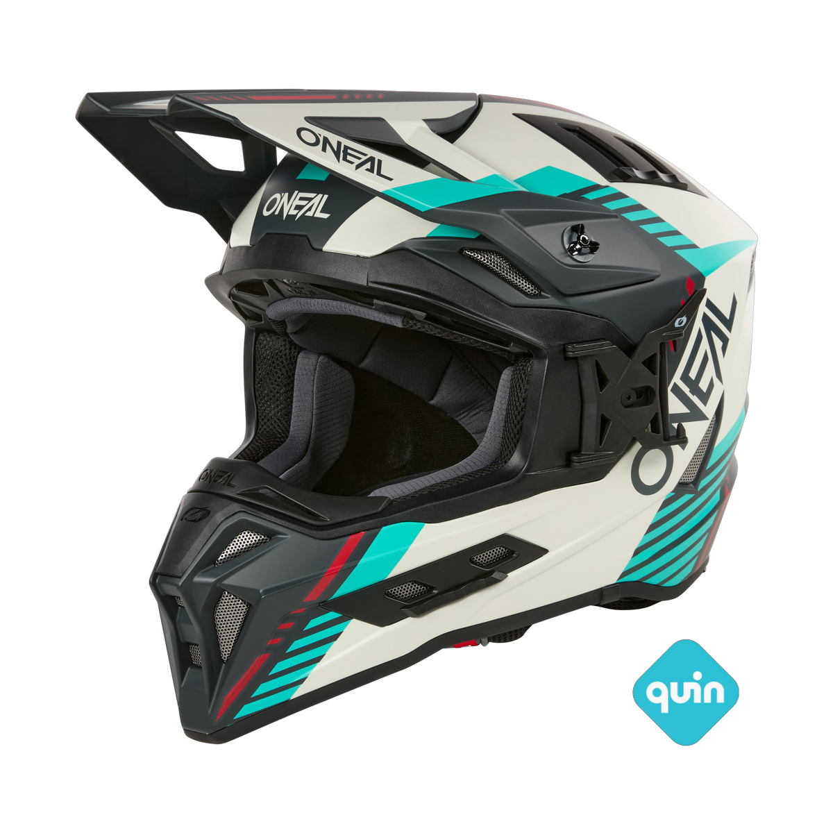 Il casco O'NEAL EX-SRS QUIN EDITION è caratterizzato dai colori bianco, nero e verde acqua, dalle aperture di ventilazione angolari, dalla visiera, dal marchio "#ONEAL" e dal Quin Smart Safety Sensor. Il logo Quin si trova nell'angolo in basso a destra su sfondo nero.