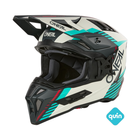 El casco O'NEAL EX-SRS EDICIÓN QUIN se caracteriza por los colores blanco, negro y verde azulado, las aberturas de ventilación angulares, la visera, la llamativa marca "ONEAL" y el sensor de seguridad inteligente Quin. El logotipo Quin está situado en la esquina inferior derecha sobre un fondo negro.