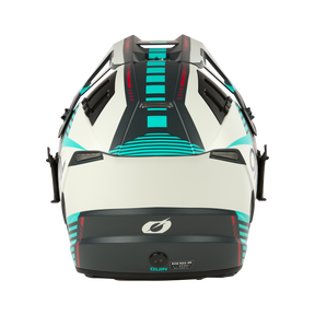 Vista superior del casco O'NEAL EX-SRS QUIN EDITION en blanco y negro con detalles geométricos en verde y rojo, aberturas de ventilación, logotipos O'NEAL y QUIN en la parte posterior y con el Sensor Quin Smart Safety para mejorar la protección.