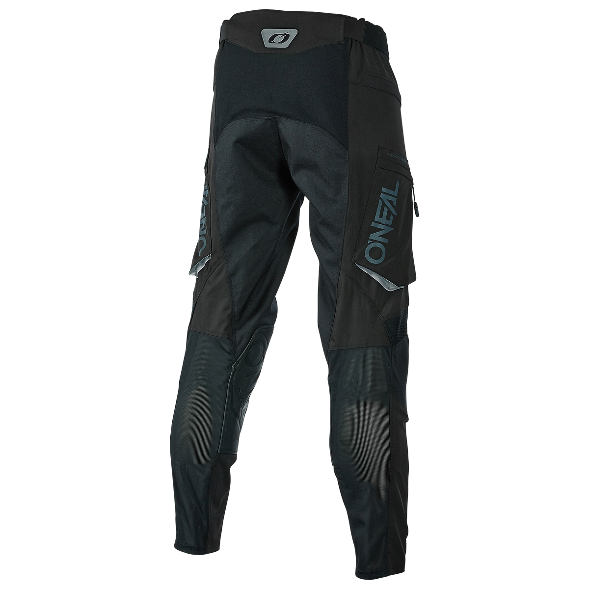 Die O'NEAL EXT Enduro Pants in Schwarz und Grau verfügt über ein seitliches O'NEAL-Branding, Knieverstärkungen, Reißverschlusstaschen und einen taillierten Bund. Abgebildet aus einer schrägen Rückansicht - ideal für Offroad-Enthusiasten.