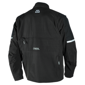 Vista da dietro, la O'NEAL EXT Enduro Jacket presenta maniche lunghe, vestibilità ergonomica, strisce riflettenti sulle braccia, tasche con zip e loghi O'NEAL sulla parte superiore e inferiore della schiena.