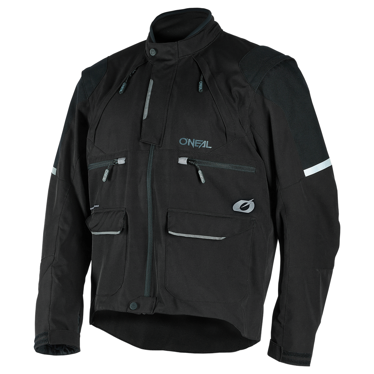 Die schwarze O'NEAL EXT Enduro Jacket verfügt über mehrere Reißverschlusstaschen, reflektierende Ärmelstreifen, einen hohen Kragen und eine ergonomische Passform von O'NEAL, abgebildet auf einem weißen Hintergrund.
