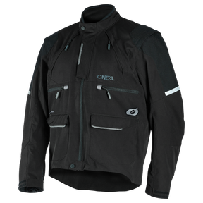 La giacca O'NEAL EXT Enduro nera presenta tasche multiple con zip, strisce riflettenti sulle maniche, collo alto e vestibilità ergonomica O'NEAL, su sfondo bianco.
