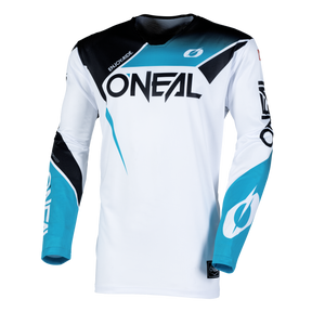 El maillot O'NEAL Hardwear AIR Jersey SLAM -blanco, negro y turquesa con letras "ONEAL" y estampado geométrico- ofrece calidad de alto rendimiento para cada salida, diseñado para las aventuras en bicicleta.