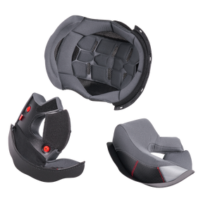 Das O'NEAL Liner & Cheek Pads CHALLENGER Helmet Set besteht aus einem schwarzen und grauen Top Liner und zwei Wangenpolstern, die alle auf einem weißen Hintergrund abgebildet sind.