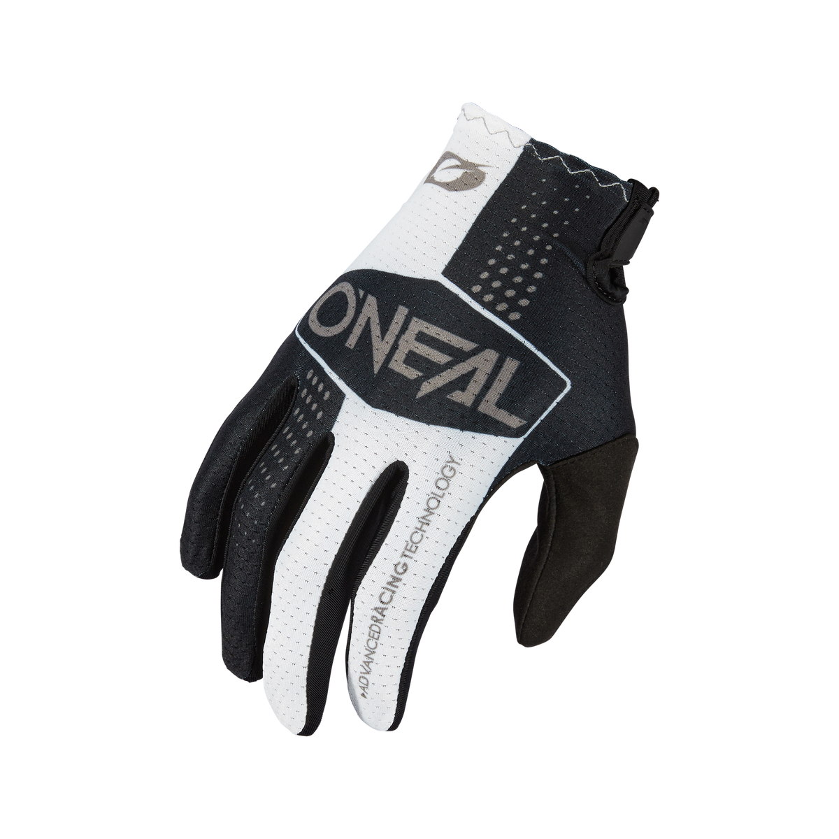 Le gant O'NEAL MATRIX SPLIT de O'NEAL est en noir et blanc, avec la paume vers le bas et l'inscription "O'NEAL" sur le dos de la main - idéal comme gant de cyclisme ou de motocross.