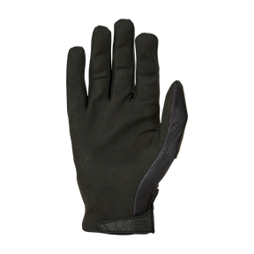 Le gant O'NEAL MATRIX STATIC en noir est représenté avec la paume vers le bas et dispose d'un petit logo O'NEAL sur le poignet et d'une bande de matériau texturé sur le côté de l'index.