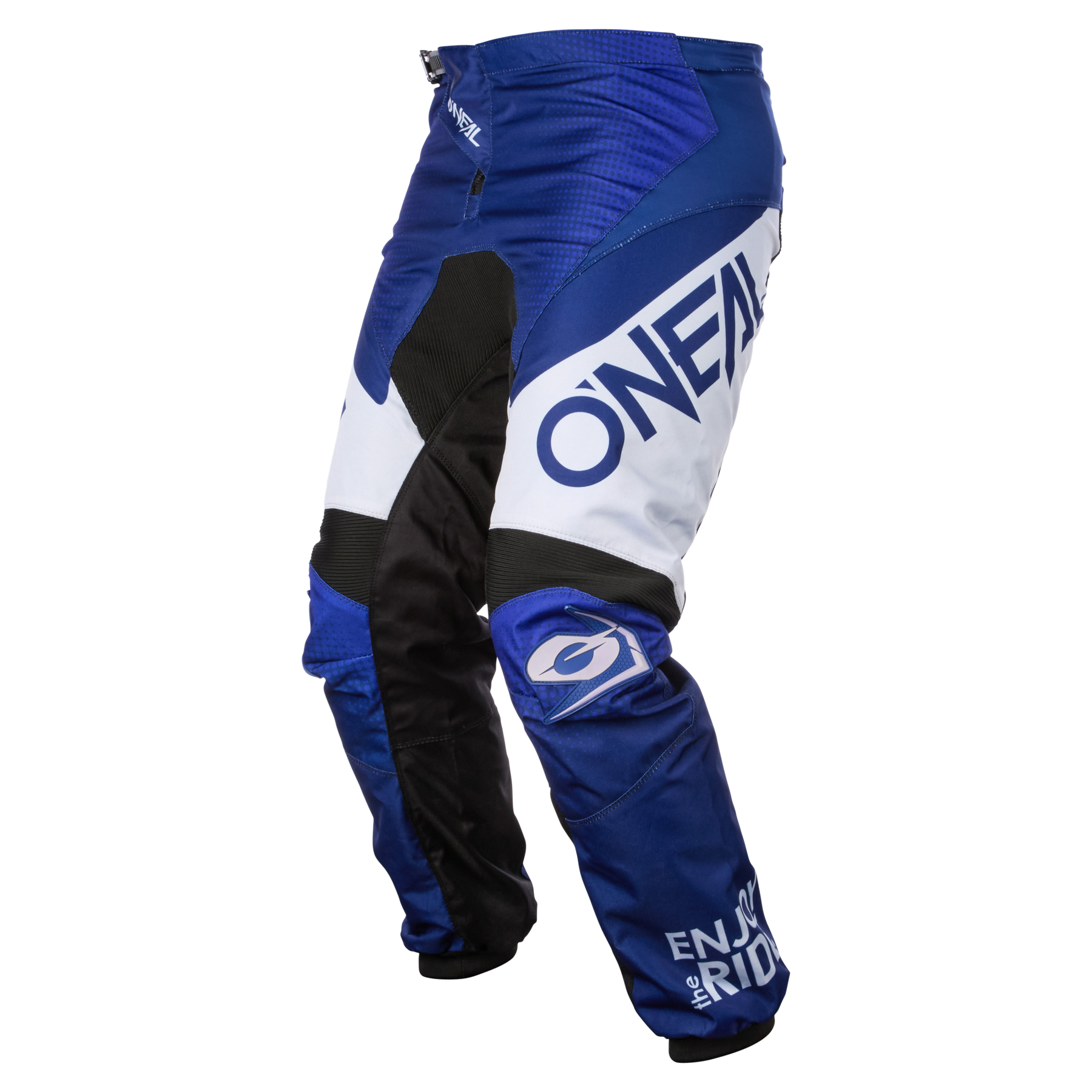 Die O'NEAL MATRIX Hose RIDEWEAR in den Farben Blau, Schwarz und Weiß verfügt über einen "O'NEAL"-Schriftzug auf dem Ober- und Unterschenkel, verstärkte Knie für Sicherheit und Komfort und ein dynamisches, sportliches Design - ideal für Ihre Motocross-Ausrüstung.