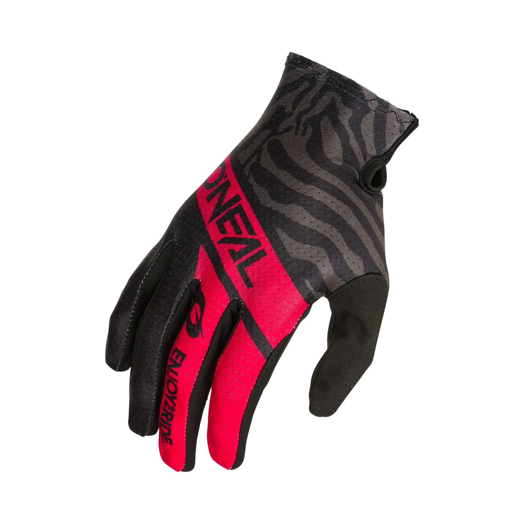 Der O'NEAL MATRIX Handschuh Kinder SHOCKER in Schwarz und Rot, mit Zebrastreifen und auffälligem "O'NEAL"-Branding, ist der ideale Motorsport-Ausrüstungs-Handschuh für Kids, die sowohl Style als auch Performance suchen.