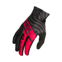 El guante O'NEAL Matrix para niños SHOCKER en negro y rojo, con rayas de cebra y la llamativa marca "O'NEAL", es el guante de equipamiento de automovilismo ideal para los niños que buscan estilo y rendimiento a la vez.