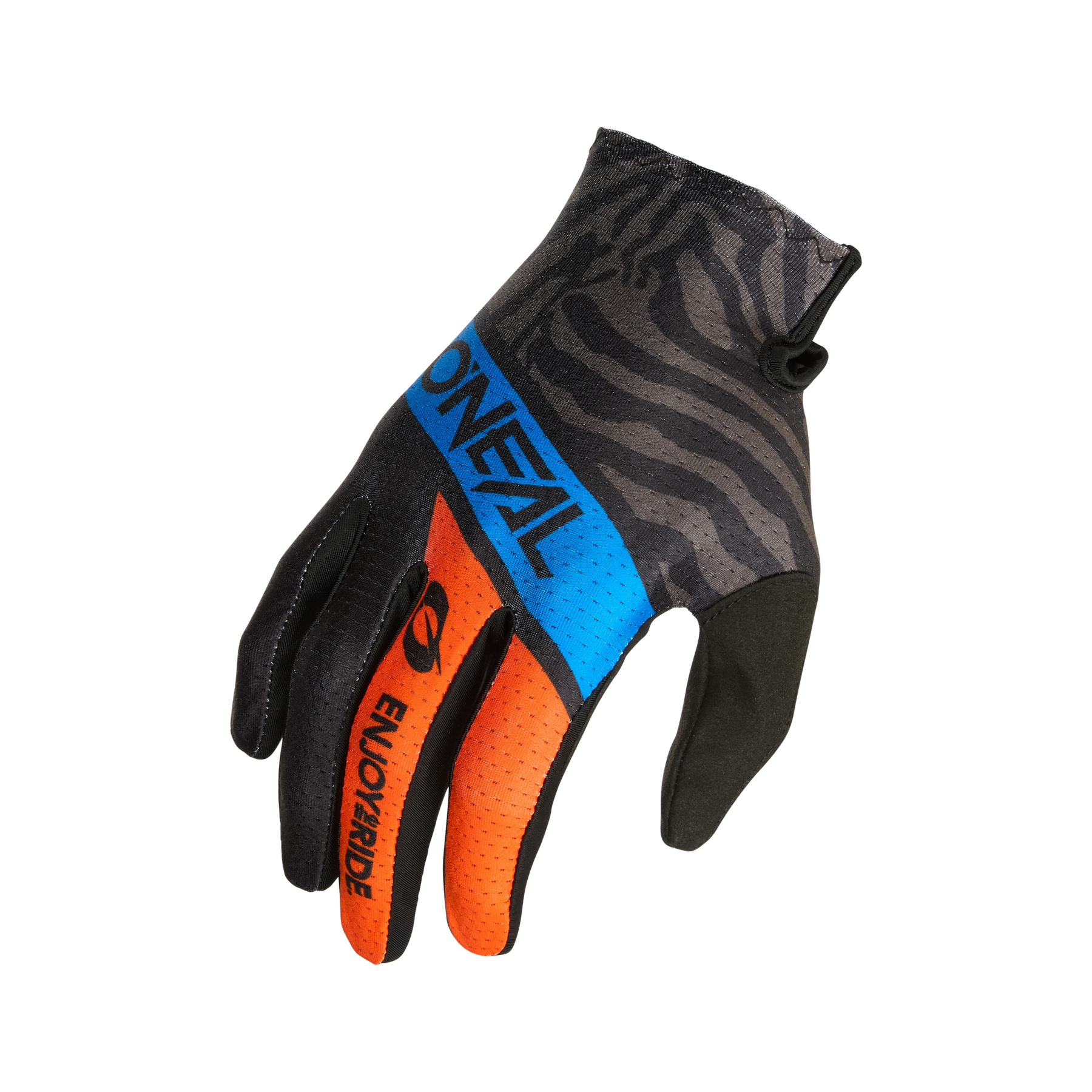 Der O'NEAL MATRIX Handschuh Kinder SHOCKER ist ein schwarzer Kinderhandschuh mit grauen Zebrastreifen am Handgelenk, blauen und orangen Akzenten sowie "O'Neal" und "ENJOY RIDE" auf der Rückseite. Er bietet belüftete Finger und eine gute Passform - perfekt für Motorsportkleidung.
